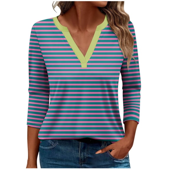 Kaemgyyd Womens Fall Shirt Striped Color Block Blouse Classic V Neck 3/4 Sleeve Tees Casual Lightweight Tunic Tops