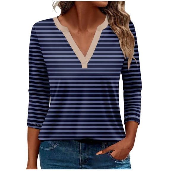 Kaemgyyd Womens Fall Shirt Striped Color Block Blouse Classic V Neck 3/4 Sleeve Tees Casual Lightweight Tunic Tops