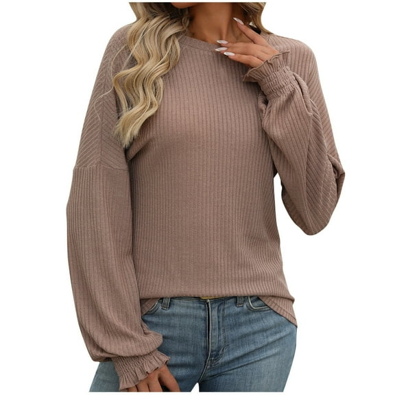 Kaemgyyd Womens Fall Sweaters Lightweight Round Neck Ribbed Knit Blouse Ruffled Long Lantern Sleeve Shirt Tops Loose Pullover