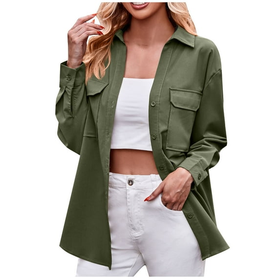 Kaemgyyd Womens Fall Winter Outfits Fashion Clothes Shackets Casual Solid Button down Long Sleeve Shirts Jackets