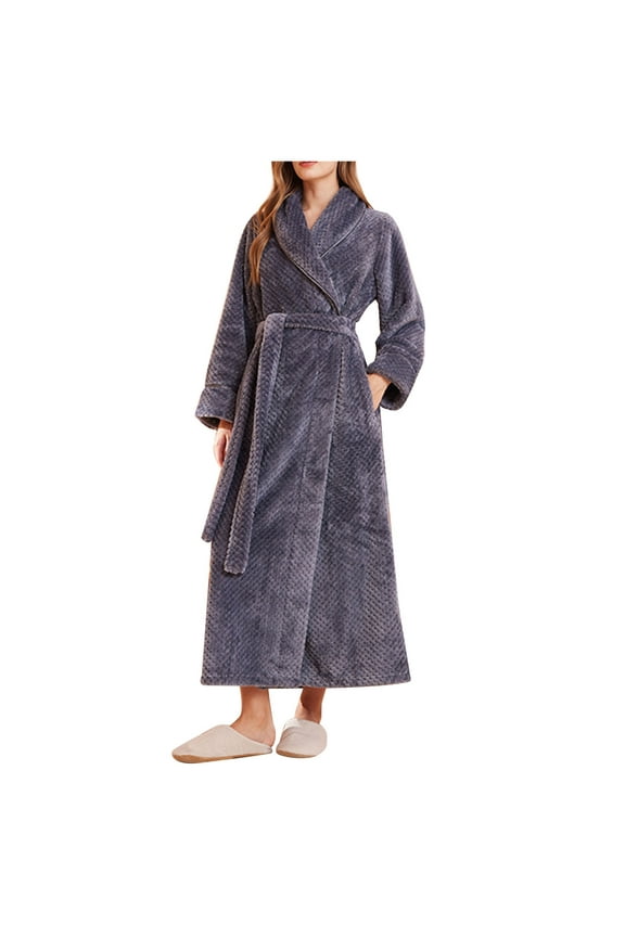 Womens Fleece Warm Robe Cozy Belted Long Bathrobe Plush Fleece Sleepwear Lightweight Pajamas Housecoat with Pockets