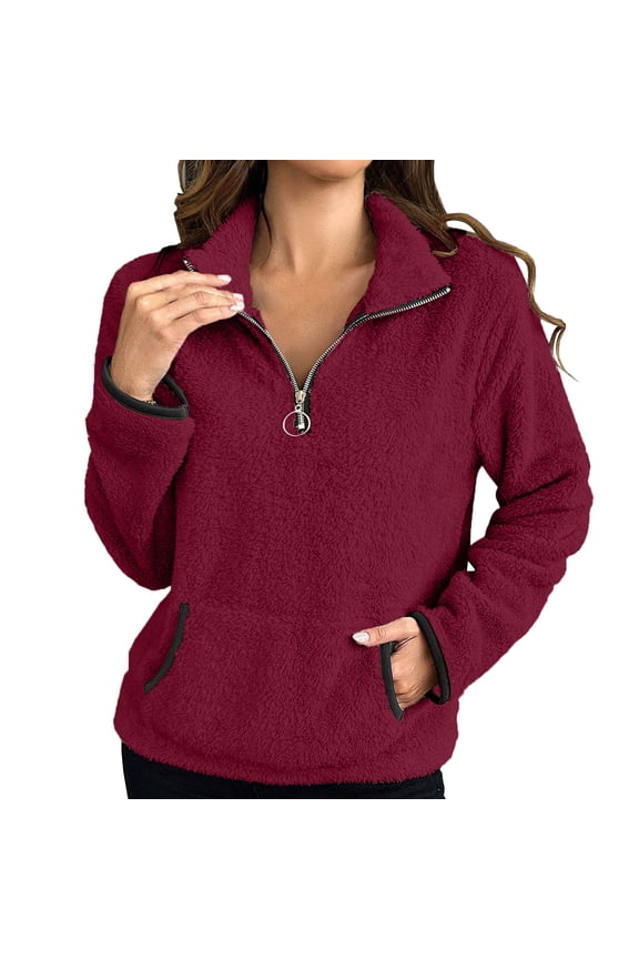 Womens Fuzzy Fleece Pullover Thermal Long Sleeve Sherpa Lined Sweatshirt Quarter Zipper Winter Jacket with Pockets