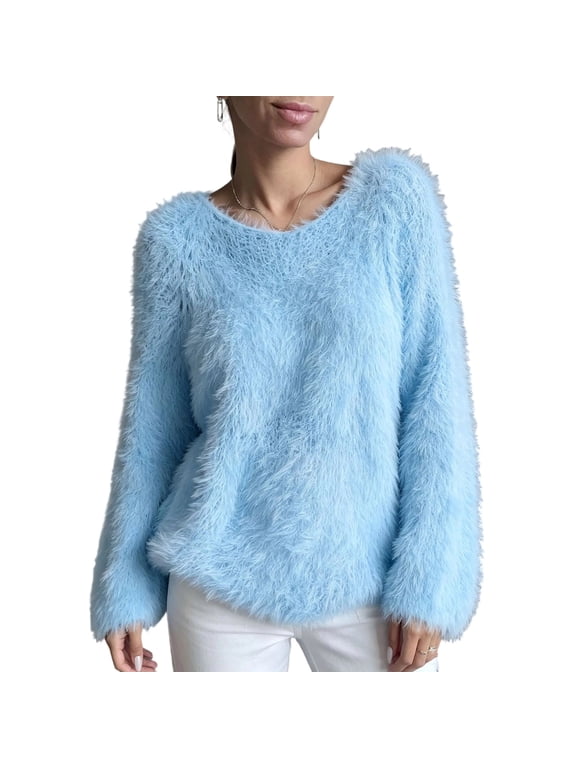 Womens Fuzzy Sweaters Long Sleeve Pullover Trendy Fleece Sherpa Tops Fashion Travel Vacation Clothing(Light Blue,Large)