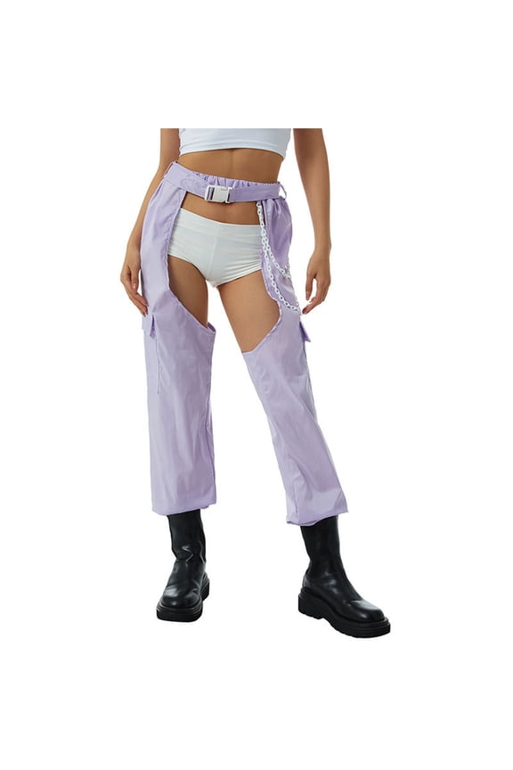 Womens Gothic Pants Trousers High Waist Hollow out Cinch Bottom Cargo Pants Clubwear with Chain