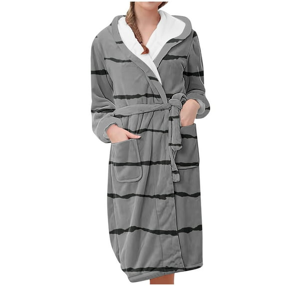 Kaemgyyd Womens Hooded Bathrobe Winter Fashion Striped Fleece Lined Robe Soft Cozy Plush Sleepwear Short Robes for Women