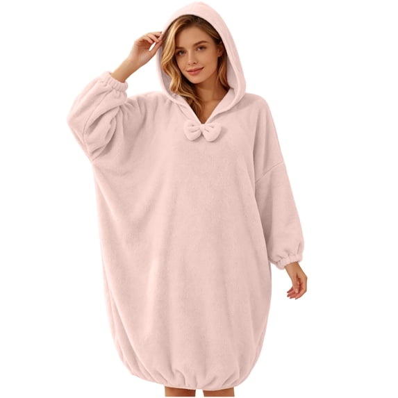 Kaemgyyd Womens Hooded Fleece Robe Knee Length Pullover Plush Bathrobe Cute Bow Front Baggy Loungewear(Gray,One Size)