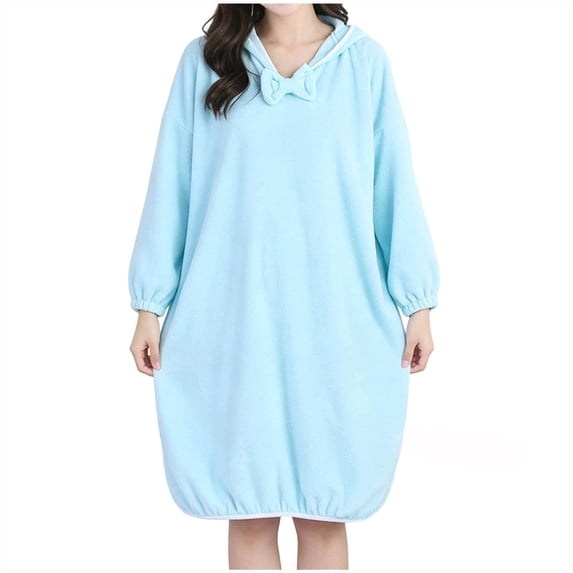 Kaemgyyd Womens Hooded Pullover Robe Knee Length Plush Bathrobe Soft Fluffy Lounger Robes Bow Front Clothes(Sky Blue,One Size)