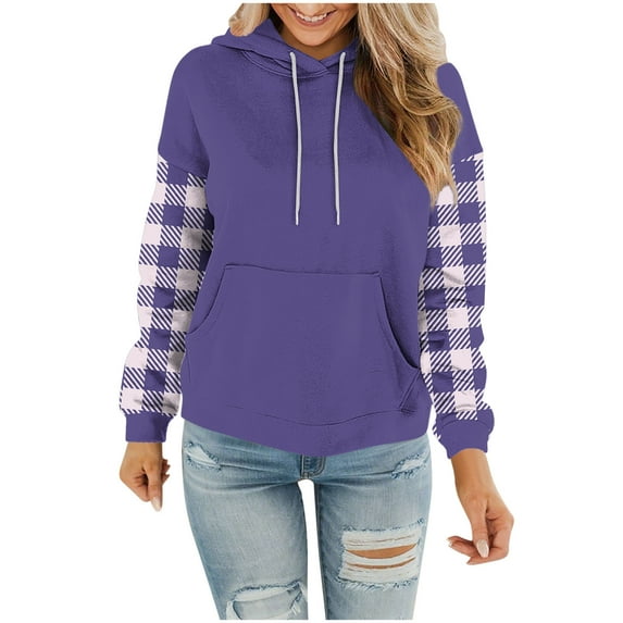 Kaemgyyd Womens Hoodies Casual Plaid Patchwork Long Sleeve Drawstring Pullover Athletic Sweatshirts Lightweight Hooded Tops