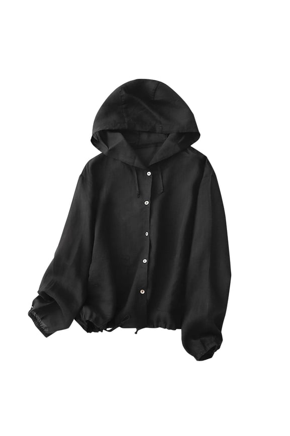Womens Hoodies Cotton Linen Breathable Button down Summer Tops Long Sleeve Sun Protection Beach Jacket with Pockets