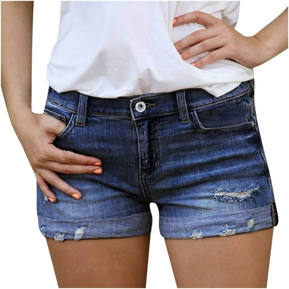 Kaemgyyd Womens Jean Shorts Stretch Mid Waisted Ripped Rolled Hem Denim Shorts Vintage Summer Beach Casual Streetwear