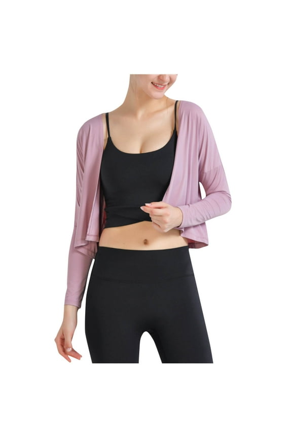 Womens Lightweight Cardigan Loose Cropped Open Front Long Sleeve Top Solid Workout Cover Ups for Athletic Running Yoga