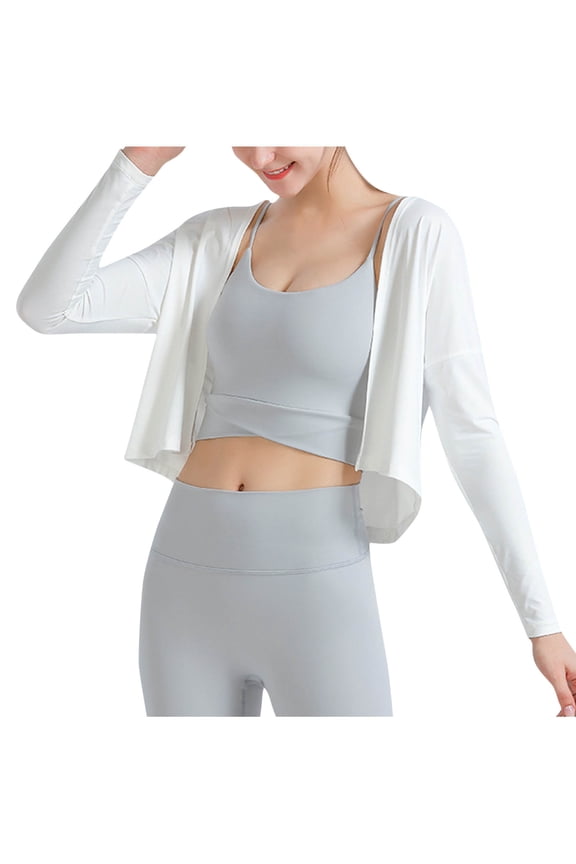 Womens Lightweight Cardigan Loose Cropped Open Front Long Sleeve Top Solid Workout Cover Ups for Athletic Running Yoga
