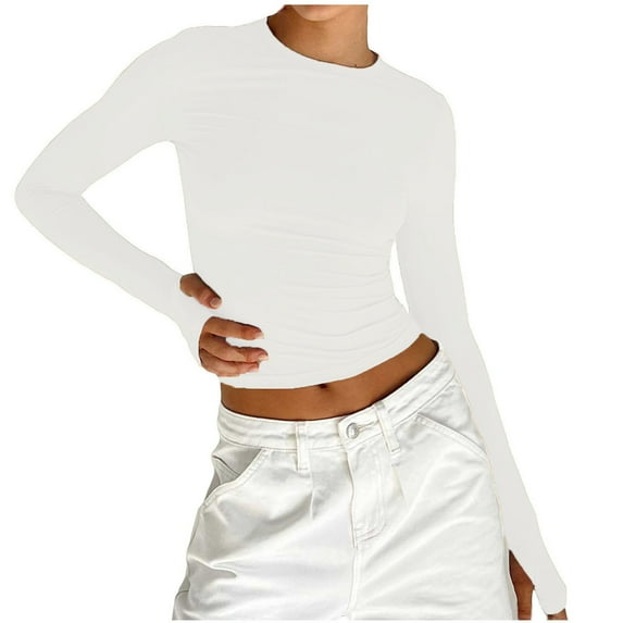 Kaemgyyd Womens Long Sleeve Shirts Basic Solid Color Crop Tops Fall Fashion Layering Slim Tight Going out Tee