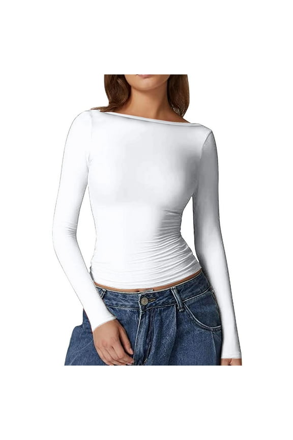 Womens Long Sleeve Shirts Solid Color Basic Crop Tops Fashion Tight Slim Cute Fall Winter Trendy Clothes