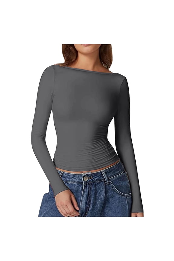 Womens Long Sleeve Shirts Solid Color Basic Crop Tops Fashion Tight Slim Cute Fall Winter Trendy Clothes