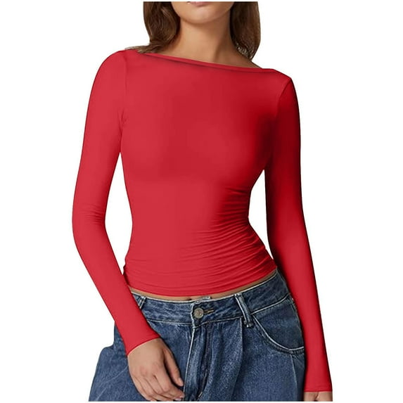 Kaemgyyd Womens Long Sleeve Shirts Solid Color Basic Crop Tops Fashion Tight Slim Cute Fall Winter Trendy Clothes