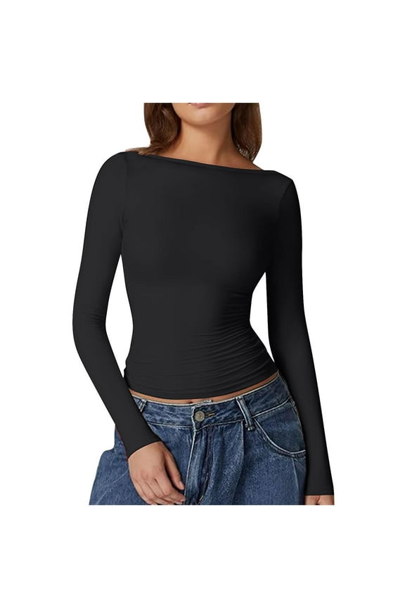 Womens Long Sleeve Shirts Solid Color Basic Crop Tops Fashion Tight Slim Cute Fall Winter Trendy Clothes