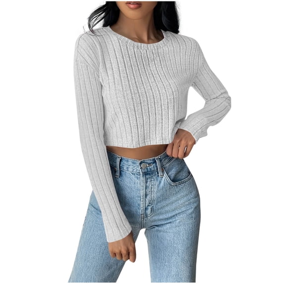 Kaemgyyd Womens Long Sleeve T Shirts Fall Fashion Basic Crop Tops Crew Neck Slim Fit Ribbed Knit Going out Outfits Clothes