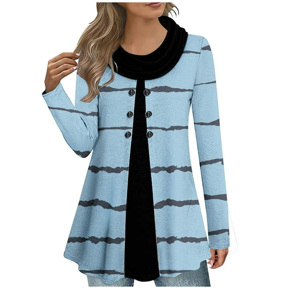 Kaemgyyd Womens Long Sleeve Tops Casual Fashion Print Warm Shirt Plus Size Loose Patchwork A-Line Tunic Blouse with Buttons