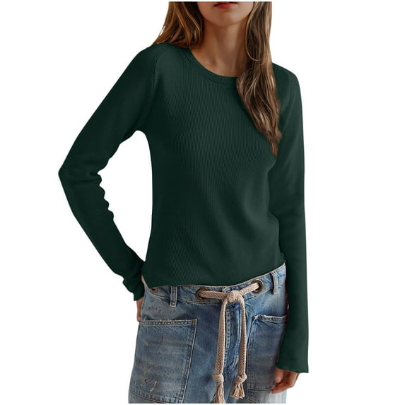 Kaemgyyd Womens Long Sleeve Tops Solid Color Shirt for Women Crew Neck Loose Casual Basic Tee Fall Classic Clothing