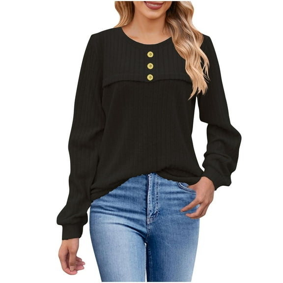 Kaemgyyd Womens Long Sleeves Ribbed Tops Casual Knit Tunic Shirts Fashion Crewneck Button Work Blouses Fall Winter Clothes