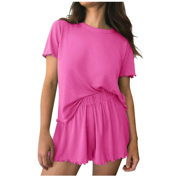 Kaemgyyd Womens Lounge Set Knit Ribbed Short Sleeve Tops and Shorts Pajama Sets Casual 2 Piece Pj Outfit Fall Sleepwear