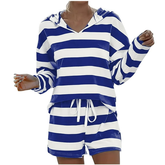 Kaemgyyd Womens Lounge Sets 2 Piece Outfits Loose Stripe Hoodies Sweatsuit Casual Sweat Shorts Fall Casual Matching Set
