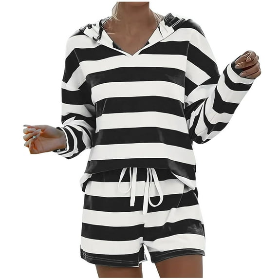 Kaemgyyd Womens Lounge Sets 2 Piece Outfits Loose Stripe Hoodies Sweatsuit Casual Sweat Shorts Fall Casual Matching Set