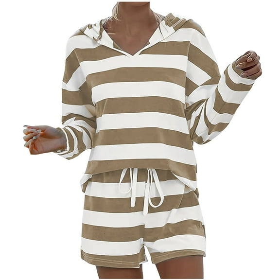 Kaemgyyd Womens Lounge Sets 2 Piece Outfits Loose Stripe Hoodies Sweatsuit Casual Sweat Shorts Fall Casual Matching Set