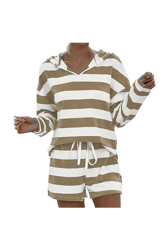 Womens Lounge Sets 2 Piece Outfits Loose Stripe Hoodies Sweatsuit Casual Sweat Shorts Fall Casual Matching Set