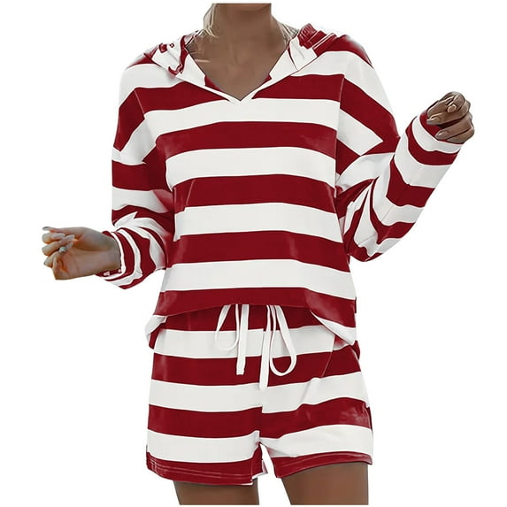 Kaemgyyd Womens Lounge Sets 2 Piece Outfits Loose Stripe Hoodies Sweatsuit Casual Sweat Shorts Fall Casual Matching Set