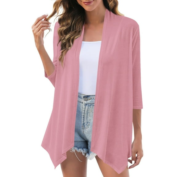 Kaemgyyd Womens Open Front Cardigan Casual Loose 3/4 Sleeve Cardigan Lightweight Soft Asymmetrical Hem Summer Tops