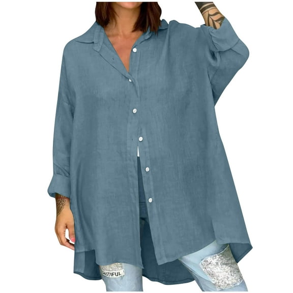 Kaemgyyd Womens Oversized Button down Shirt Dresses Cotton Linen Long Sleeve Flowy Blouse Tops Loose Solid Color Tunics