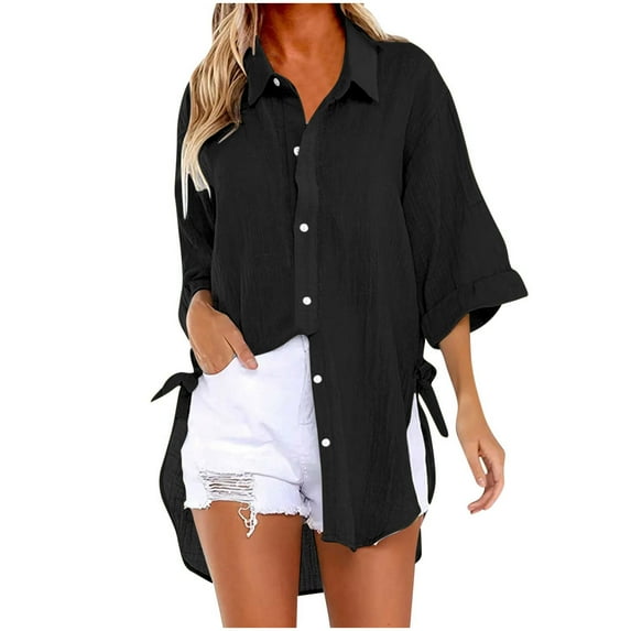 Kaemgyyd Womens Oversized Cotton Linen Tshirts Fall Fashion Button down Shirts 3/4 Sleeve Casual Flowy Tunic Tee Blouse