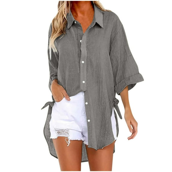 Kaemgyyd Womens Oversized Cotton Linen Tshirts Fall Fashion Button down Shirts 3/4 Sleeve Casual Flowy Tunic Tee Blouse