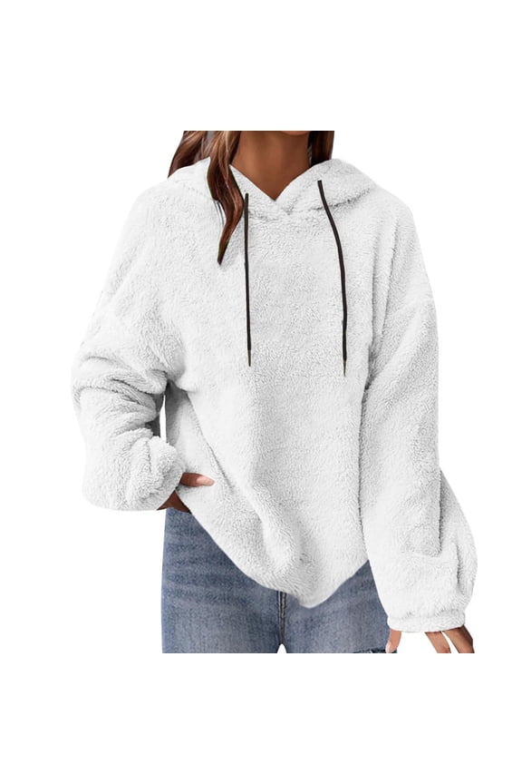 Womens Oversized Sherpa Pullover Hoodie Fuzzy Fleece Lined Sweatshirt Solid Color Long Sleeve Drawstring Outwear