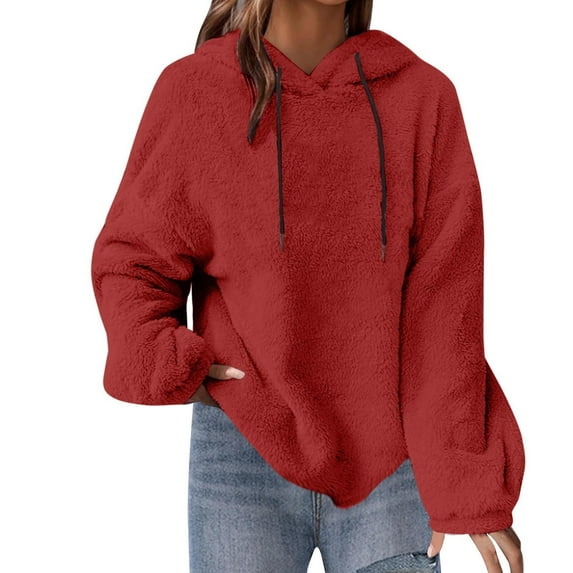 Kaemgyyd Womens Oversized Sherpa Pullover Hoodie Fuzzy Fleece Lined Sweatshirt Solid Color Long Sleeve Drawstring Outwear