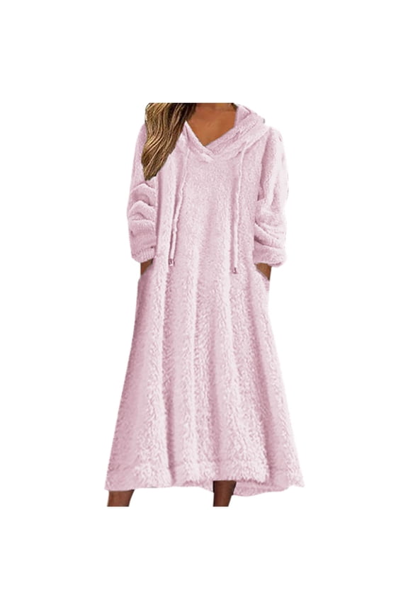 Womens Oversized Sleepwear Fall Winter Fuzzy Fleece Hooded Long Dress Plus Size Sherpa Lined Loungewear with Pockets