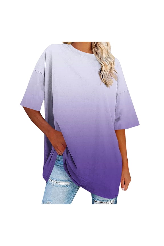 Womens Oversized T Shirts Half Sleeve Crewneck Gradient Summer Tops Casual Loose Plus Size Basic Tees