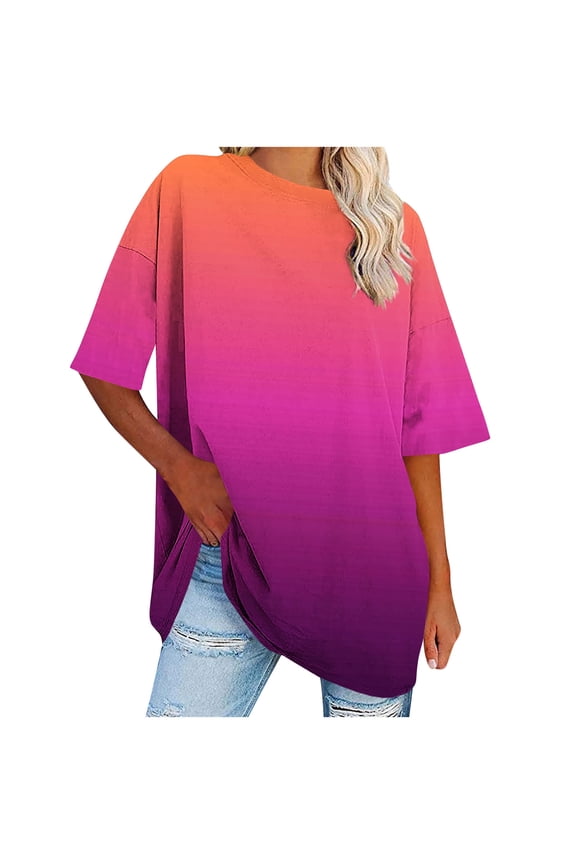 Womens Oversized T Shirts Half Sleeve Crewneck Gradient Summer Tops Casual Loose Plus Size Basic Tees