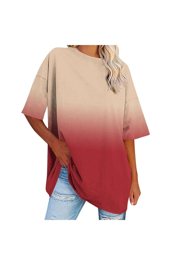Womens Oversized T Shirts Half Sleeve Crewneck Gradient Summer Tops Casual Loose Plus Size Basic Tees