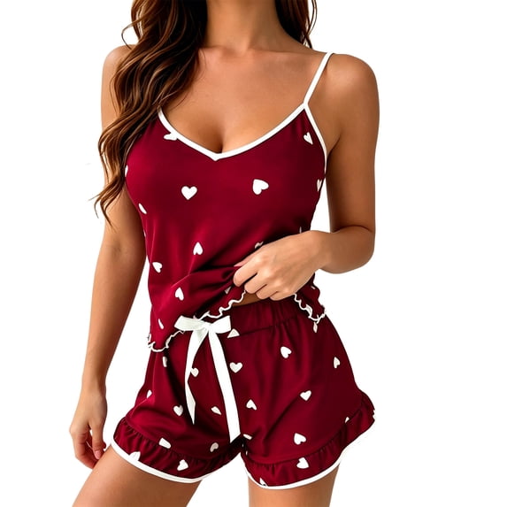 Kaemgyyd Womens Pajama Sets Cute Print Sleeveless Tank Top Cami Lounge Sets and Ruffle Bow Tie Shorts Pjs Sleepwear(Wine,X-Large)