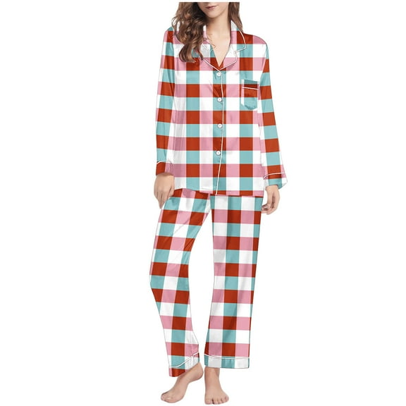 Kaemgyyd Womens Pajamas Set 2pc Pjs Set for Women Button down Loungewear Long Sleeve Wide Leg Pants Outfit Sleepwear with Pockets