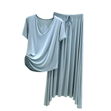 Kaemgyyd Womens Pajamas Set Soft Short Sleeve V Neck Tops and Flowy Baggy Elastic Waist Skirt 2 Piece Lounge Pj Set Sleepwear