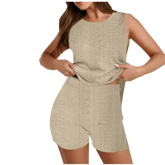 Kaemgyyd Womens Pajamas Sets 2 Piece Outfits Casual Sleeveless Hollow out Tank Top Shorts Solid Color Loungewear