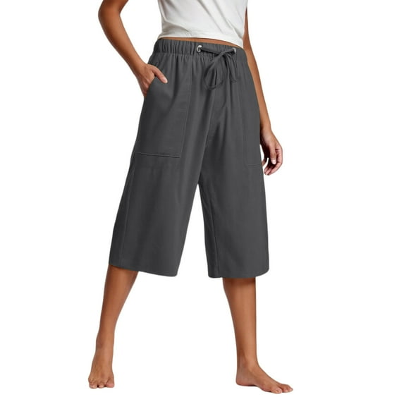 Kaemgyyd Womens Plus Size Capris Lounge Drawstring Cotton Linen Bermuda Shorts Flowy Wide Leg Beach Vaction Cropped Trousers