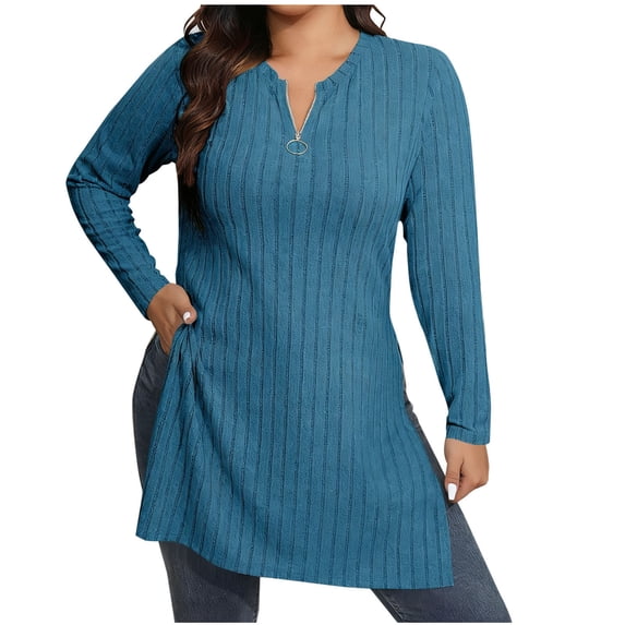 Kaemgyyd Womens Plus Size Sweater Fashion Side Slit Tunic Tops Long Sleeve Zip V Neck Casual Shirts Work Office Blouse
