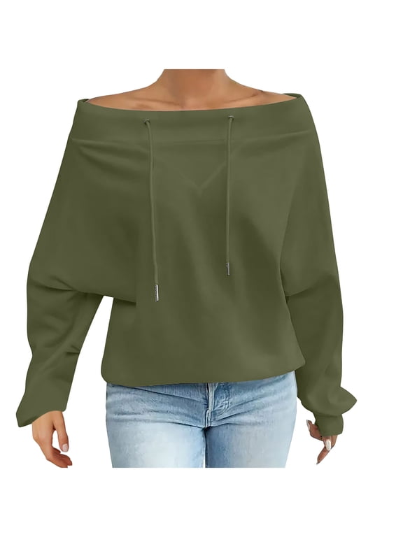 Womens Plus Size Sweatshirt off Shoulder Drawstring Long Sleeve Pullover Top Oversized Shirt Fashion Fall Clothes
