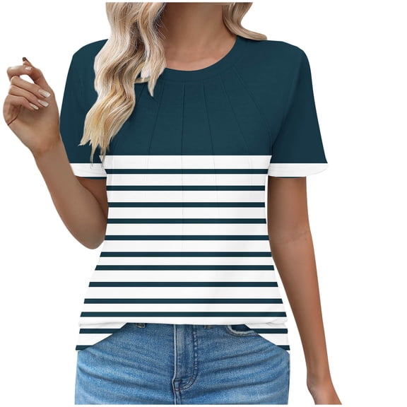 Kaemgyyd Womens Plus Size Tops Summer Striped Short Sleeve Pleated T Shirt Crew Neck Lightweight Blouse Outfits
