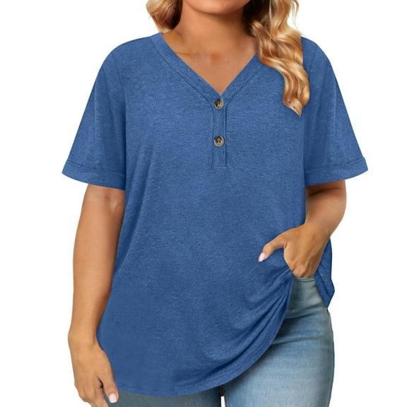 Kaemgyyd Womens Plus Size Tops Trendy V Neck Button Loose Fit Short Sleeve Tshirts Summer Business Casual Basic Tee